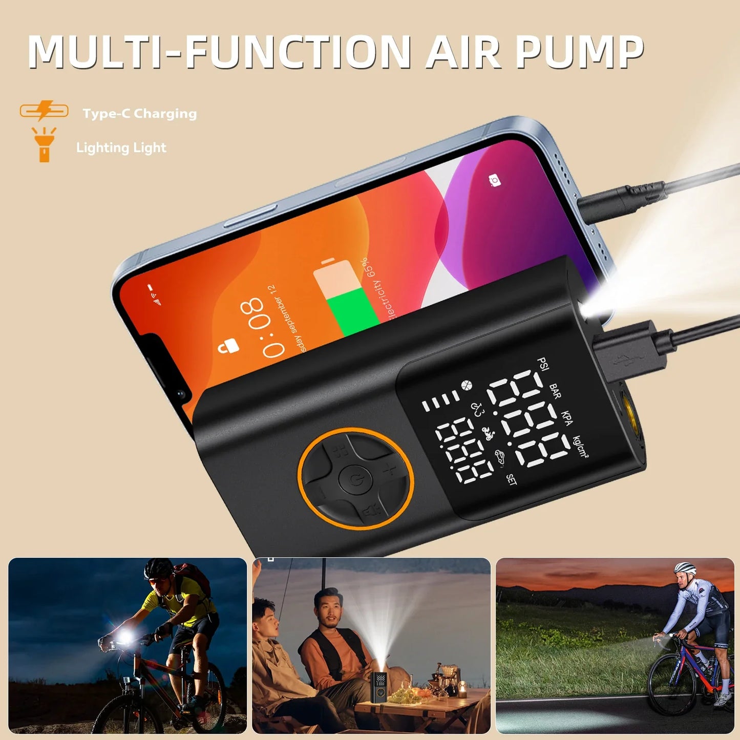 Cordless Mini Tire Inflator, 150 PSI Portable Air Compressor with Digital Display & LED Light, for Car, Motorcycle, Bike, Ball